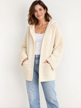 Cream Hand Crochet Open Front Cardigan Sweater Jacket Boho Chunky Knit Open Size